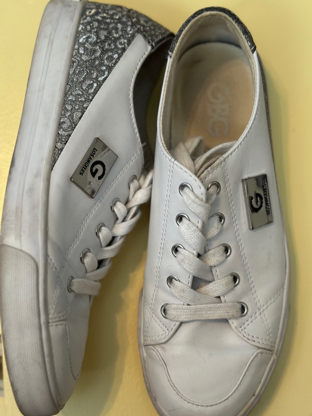 Guess White Sneakers Silver Glitter Heel g by guess Womens 7 leather READ DESC